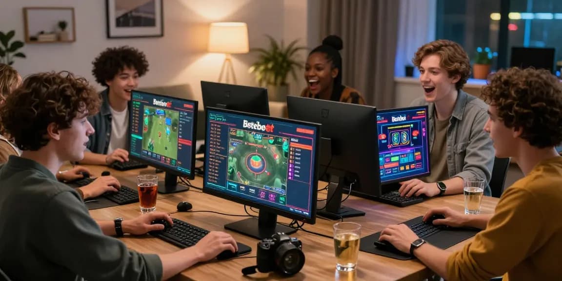 Betebet live betting scene with young adults enjoying online gambling together.