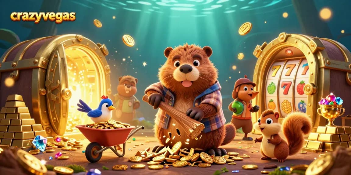 Experience the thrill of crazyvegas with a beaver and friends collecting golden coins in a vibrant casino scene.