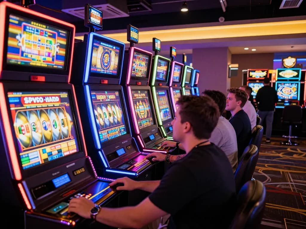 Experience the thrill of situs slot with players celebrating wins at exciting slot machines.