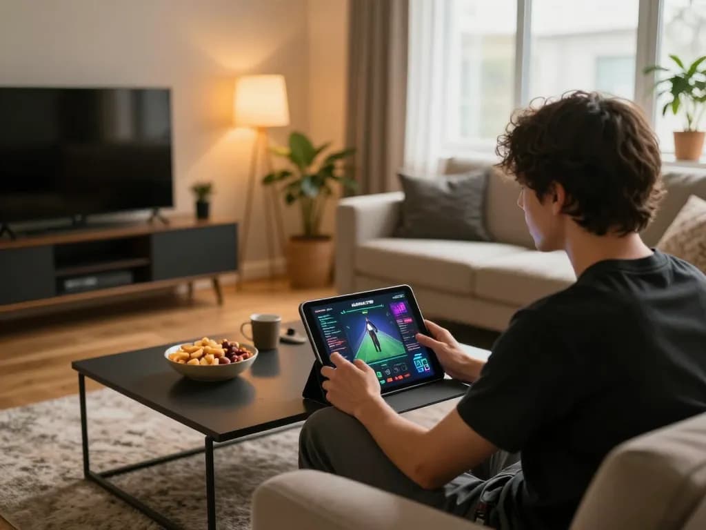 KADAL778 player engaging in strategic online gaming from a cozy home setup with a tablet