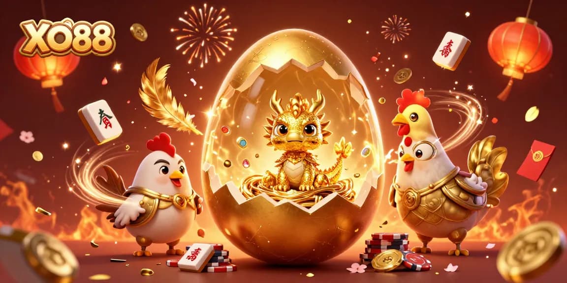 Experience exciting gaming at XO88 with a dazzling golden dragon and vibrant casino elements.