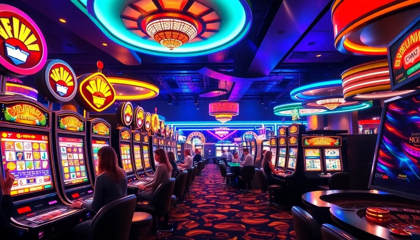 Menangkan di xgslot88 dengan suasana kasino yang meriah dan mesin slot bersinar.