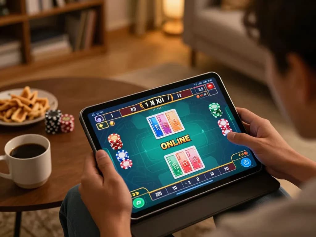 Tài xỉu online uy tín gameplay on tablet in cozy living room, showcasing strategic betting environment.