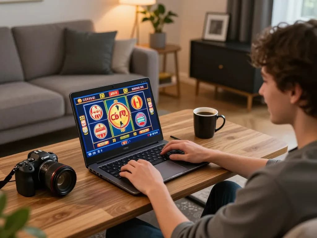 Playing at online usa casinos on a laptop in a cozy home setting with warm lighting