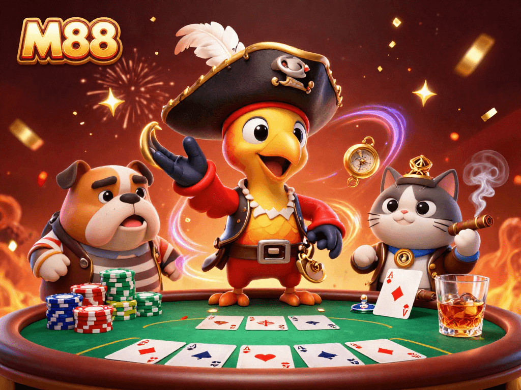 M88 celebrates poker action with a pirate captain and his crew in a vibrant casino scene