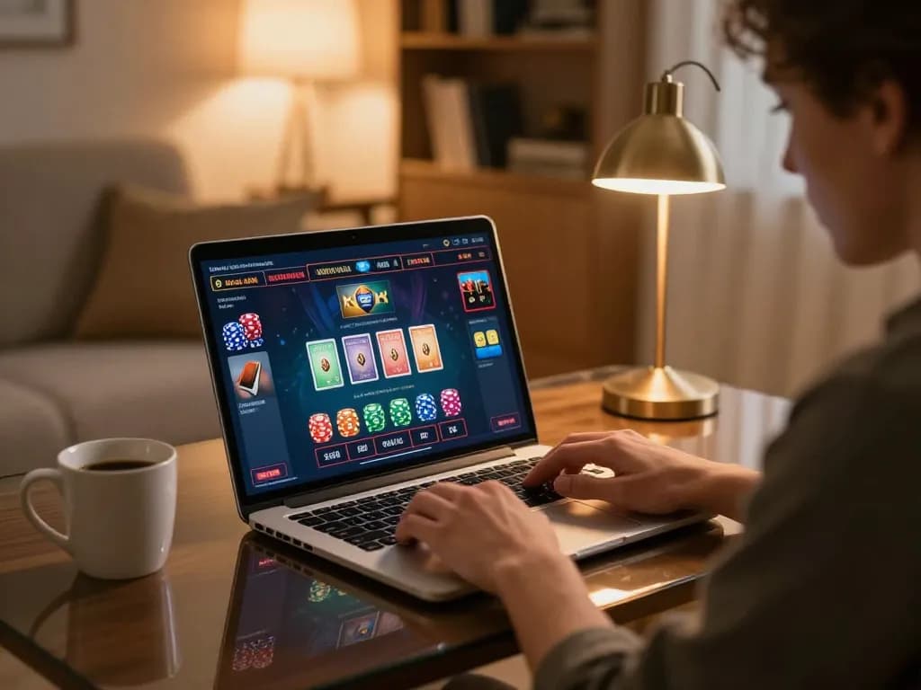 Engaged player analyzing betting strategies on LGOGOAL online gaming platform in cozy home setting