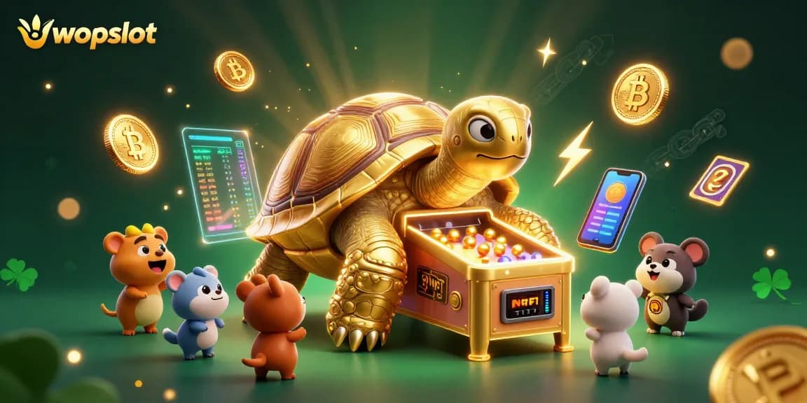 Engage with wopslot in a colorful gambling scene featuring a giant tortoise and vibrant slot elements.