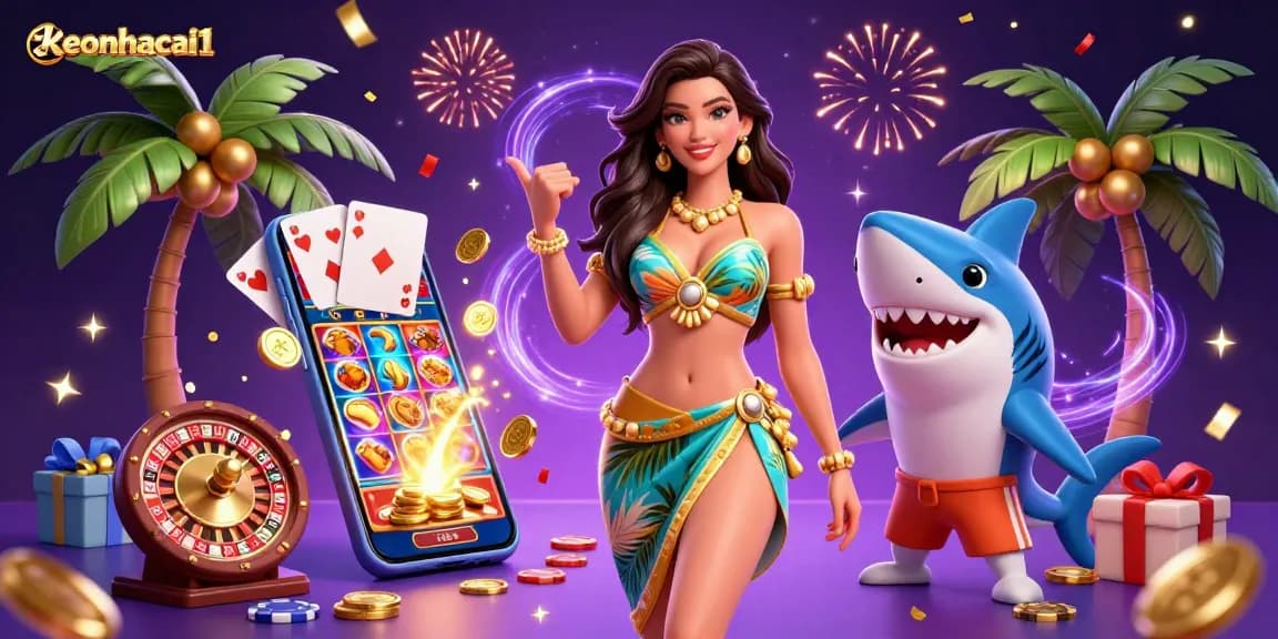 Engage with keonhacai1 as a glamorous beach goddess and a surfing shark celebrate with captivating casino elements.