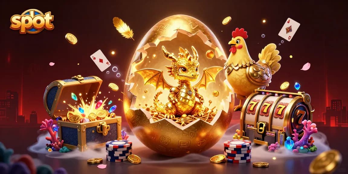 Spin the reels with our golden dragon guarding a treasure of slots and poker chips.