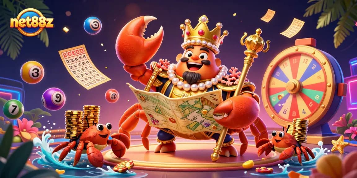 Join the exciting net88z lottery action with vibrant colors, golden crab emperor, and game elements scattered dynamically.