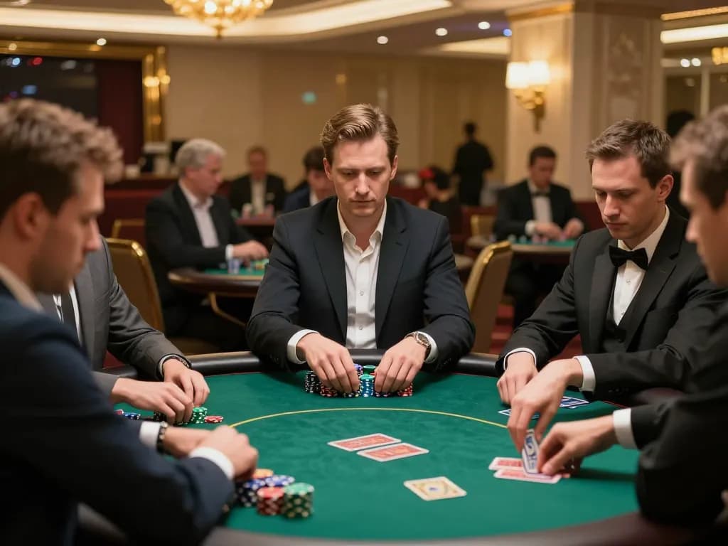 Players strategizing at a competitive poker table at 68win casino, showcasing excitement and tension.