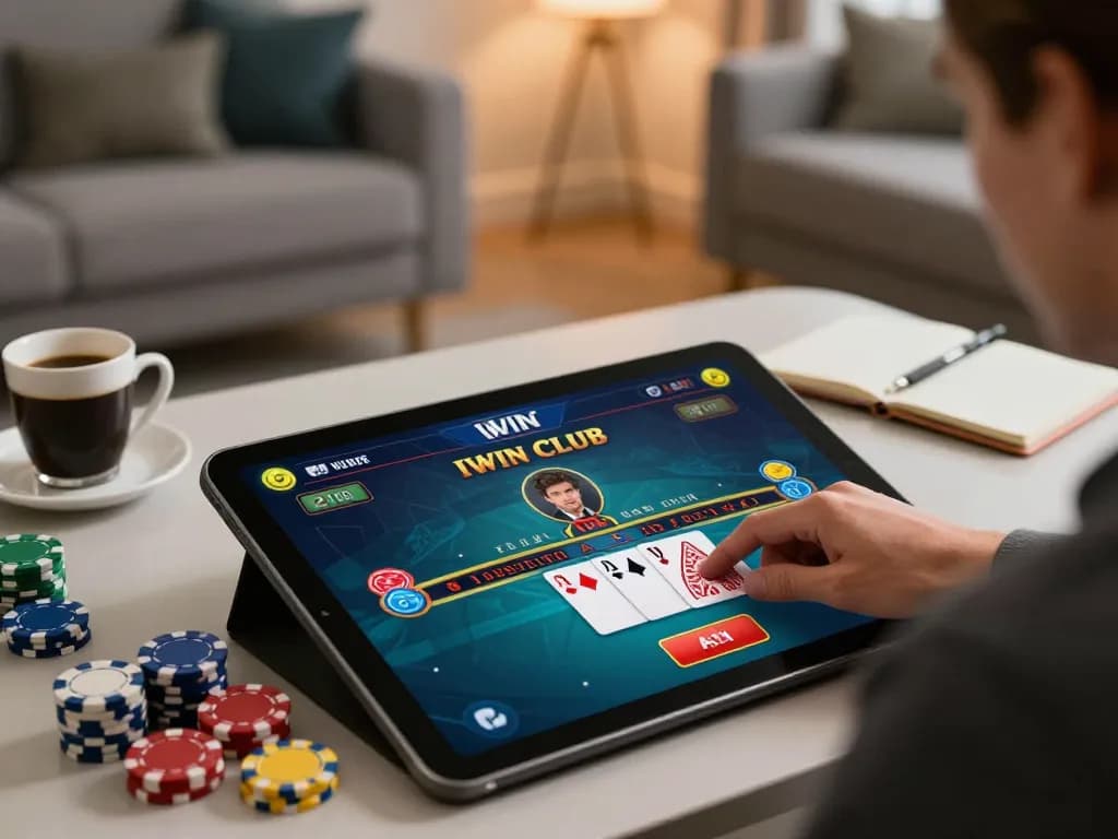 IWIN CLUB online blackjack game on tablet, showing player poised to make a strategic move