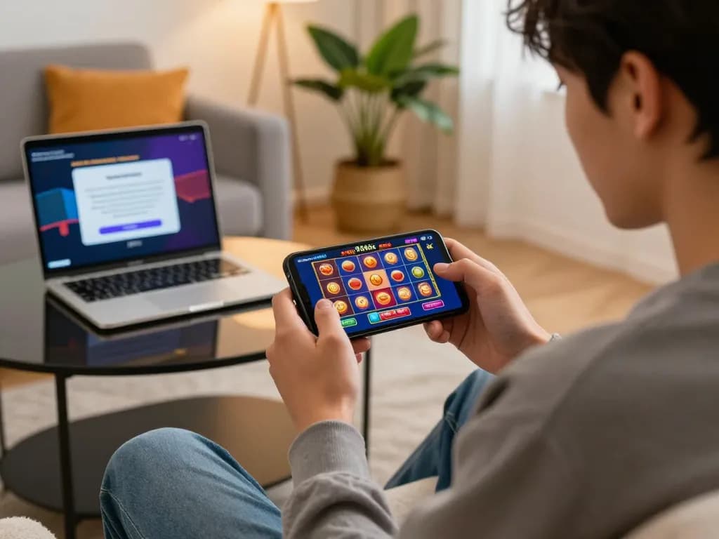 Player enjoying free credit 918kiss on smartphone in a cozy living room with vibrant graphics and warm lighting.