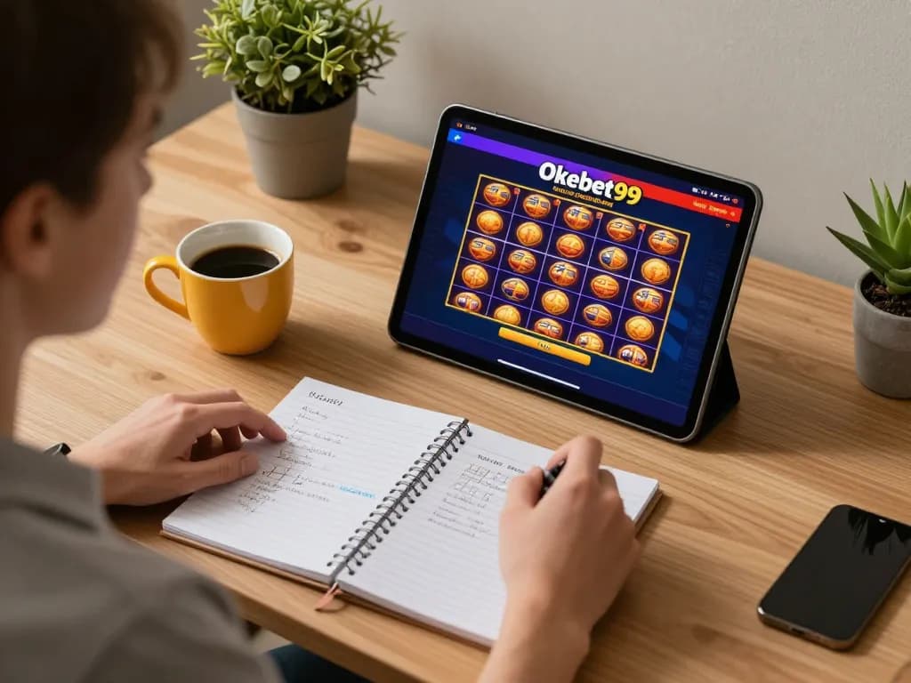 Pemain berinteraksi dengan slot online Okebet99 di tablet, menunjukkan pengaturan rumah yang nyaman dan catatan strategis.