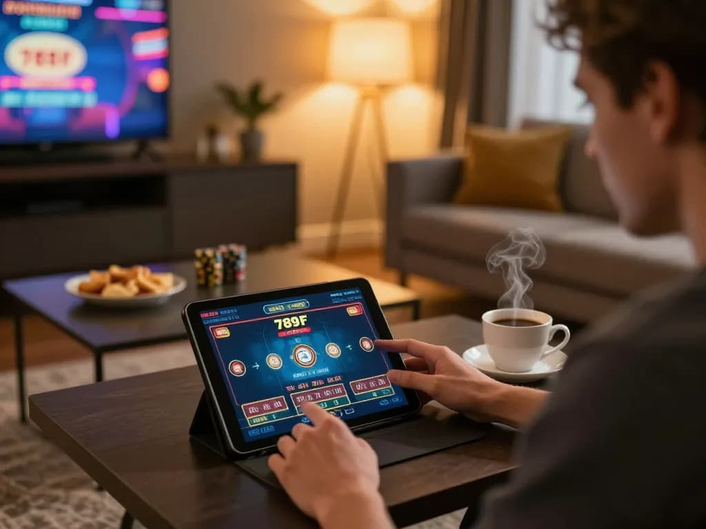 Player engaged on a tablet with 789F live dealer game interface and cozy ambiance.