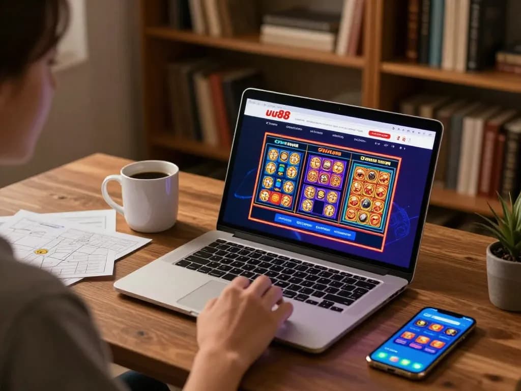 Play online casino games at uu88 with a cozy home setup featuring a laptop and betting strategy notes.