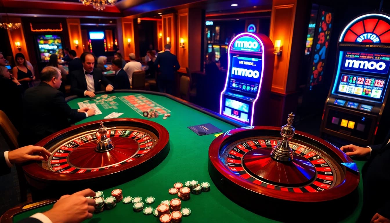 Experience thrilling gameplay at MMOO with vibrant casino tables, cards, chips, and a roulette wheel.