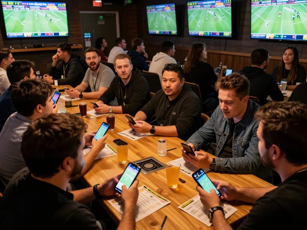 Fans engaging in live sports betting at OKFUN, using mobile apps and discussing odds during intense matches.