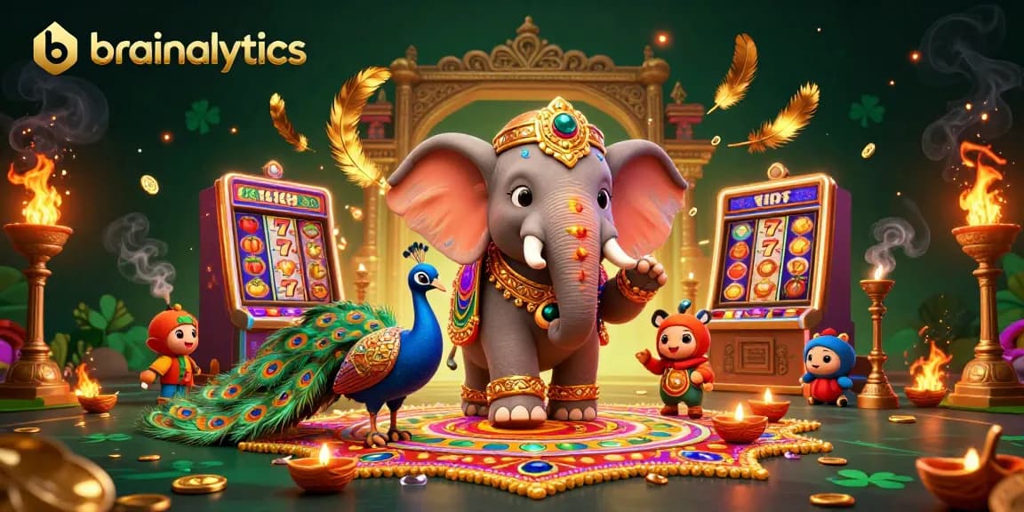 Engage with brainalytics in this vibrant casino scene showcasing a decorated elephant with slot machine elements.