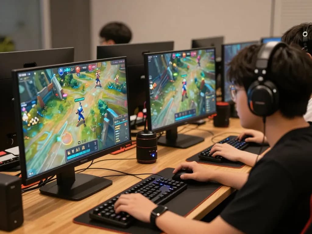 MPO08 players intensely strategizing in an online gaming competition with vibrant displays.
