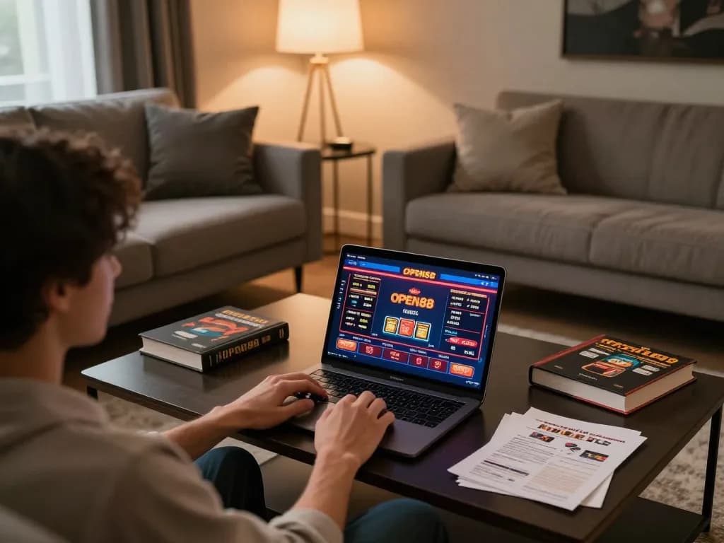 Engaging in online gaming at OPEN88, showing vibrant game interface and cozy home setting.