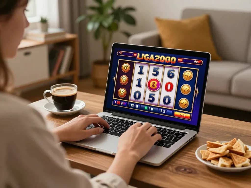 LIGA2000 online gaming experience with a vibrant slot game on a laptop, enhancing casual gaming enjoyment.