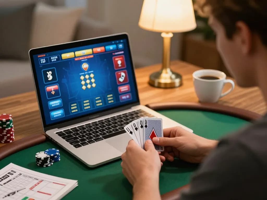 Pemain terlibat dalam permainan poker online di rumah menggunakan https://jikankasi.com/modules/bulletin/ strategi permainan.