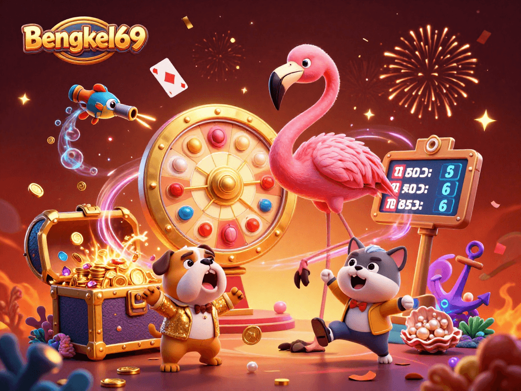 Bengkel69 showcases a vibrant 3D game show with a flamingo host, bulldog contestant, and lively prize elements.