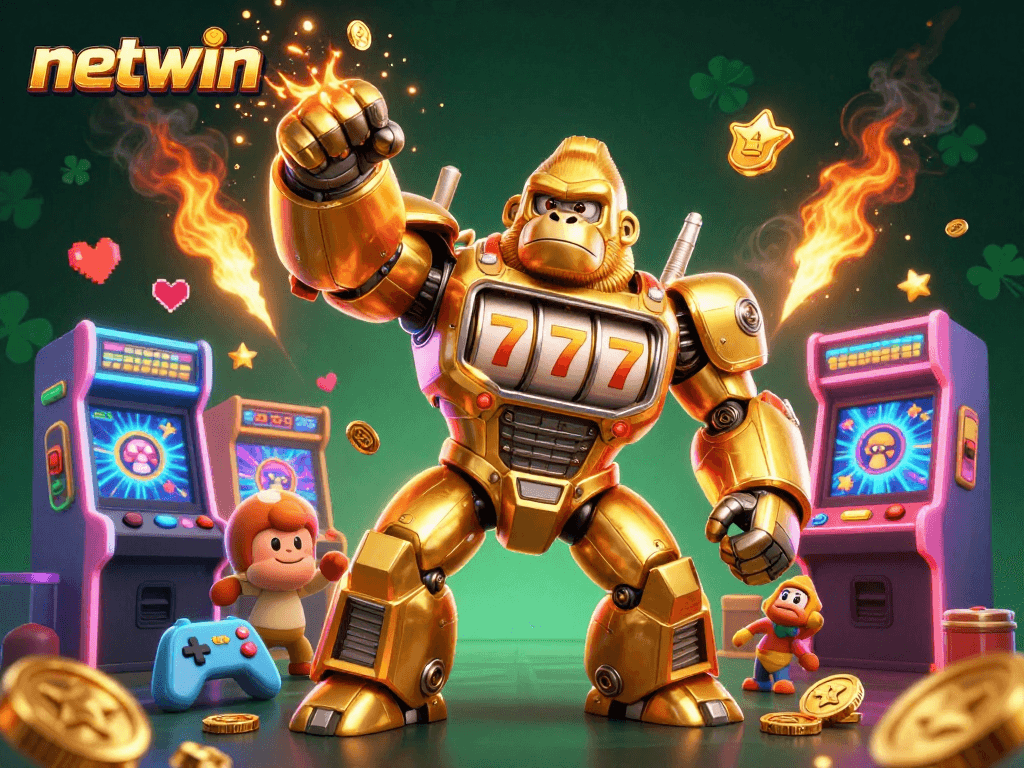 Engage with the exciting world of netwin's online gaming, featuring a dynamic gorilla mech and colorful arcade elements.