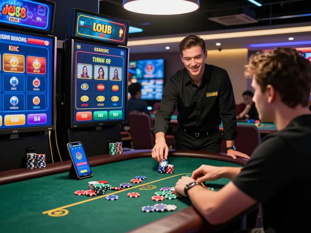 Player enjoying online betting at UU88 with vibrant screens and casino atmosphere