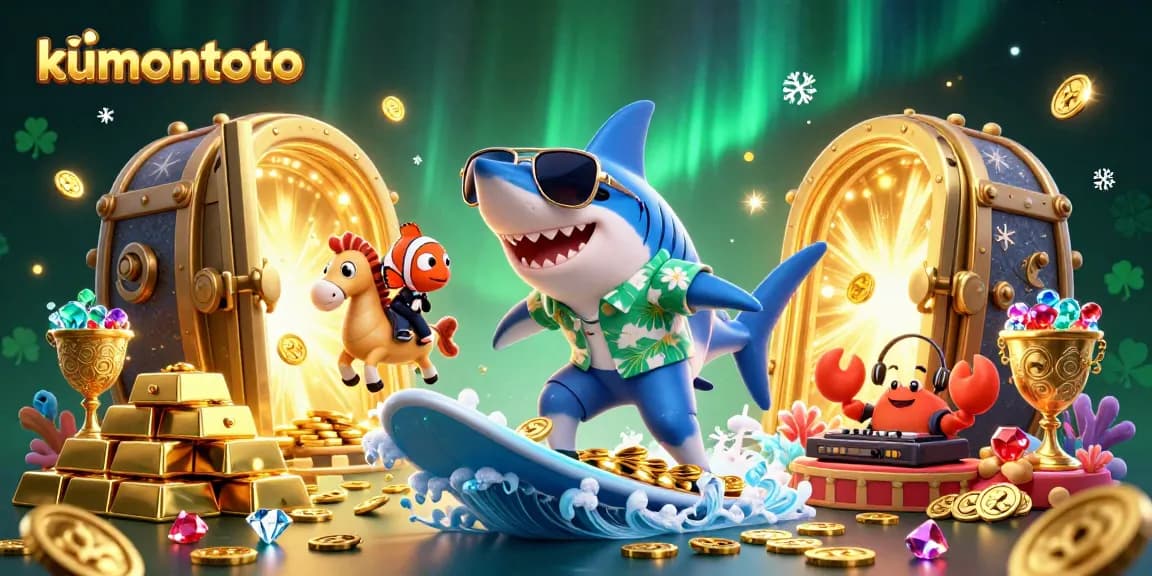Kumontoto brings luck with a hammer-head shark, clownfish, and crab DJ celebrating riches in a colorful casino