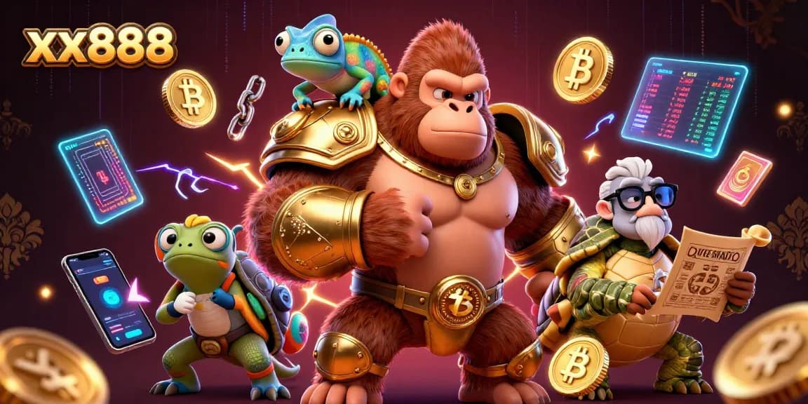 Win big with xx888 in this vibrant casino-themed illustration featuring a gorilla king and colorful elements.