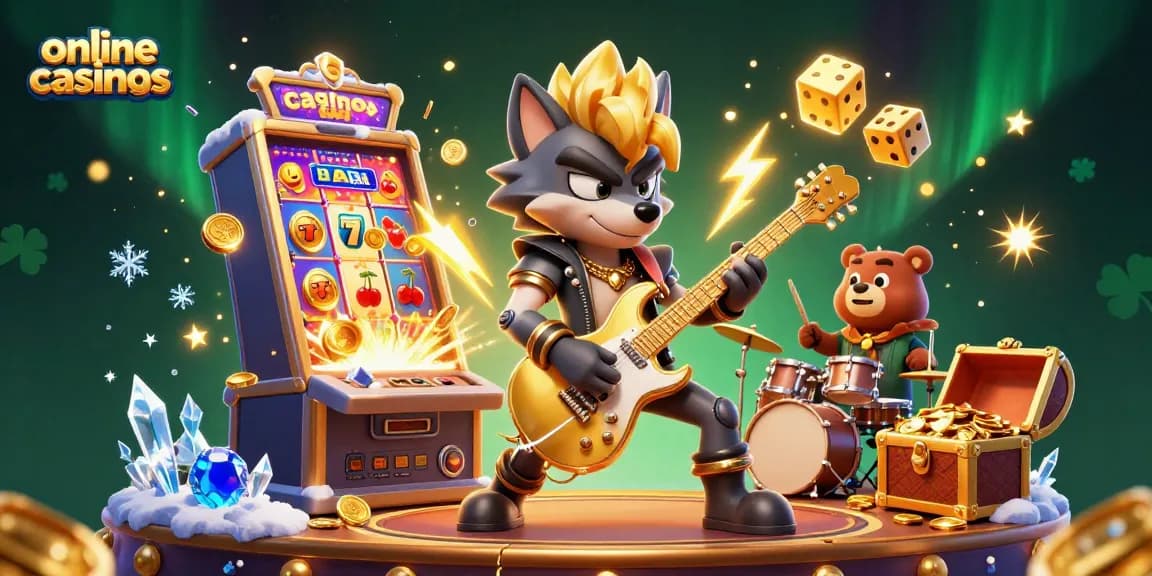 Catch the excitement of online casinos with a vibrant 3D scene of rock star characters and jackpot bursts.