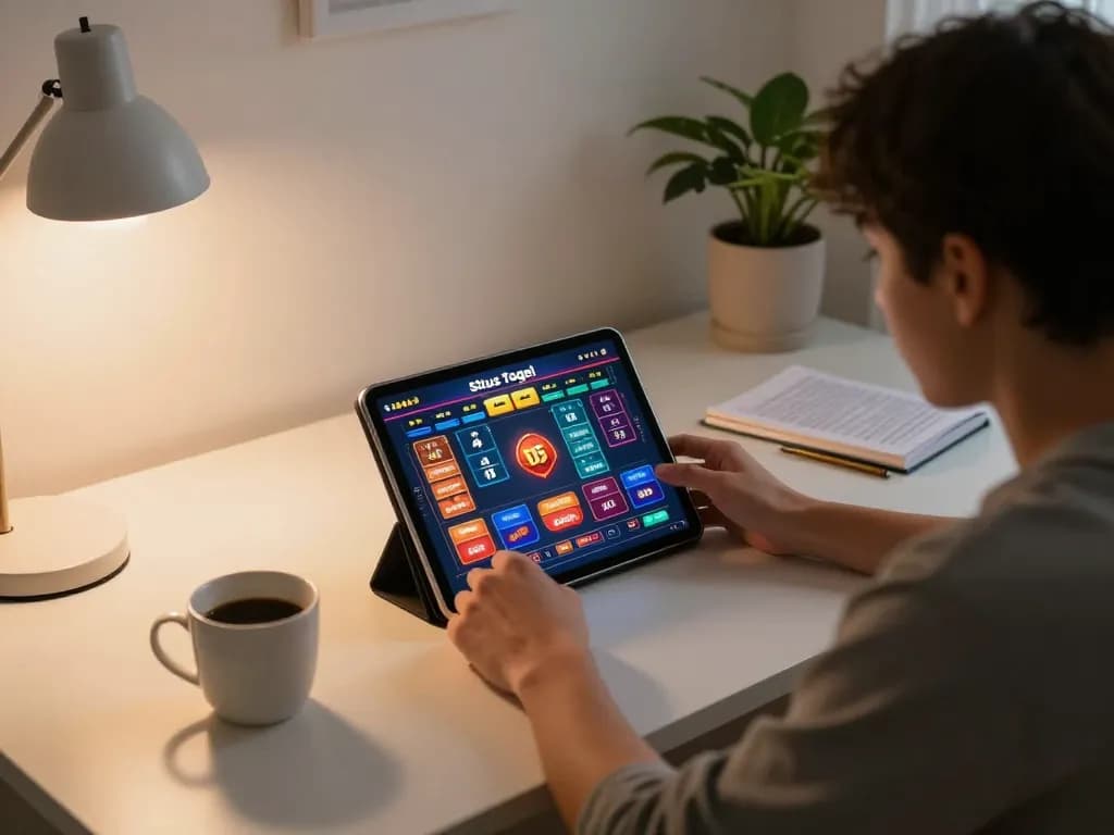 Situs togel bermain di tablet dengan pilihan taruhan yang beragam dan pemain yang fokus, pengaturan rumah yang nyaman.