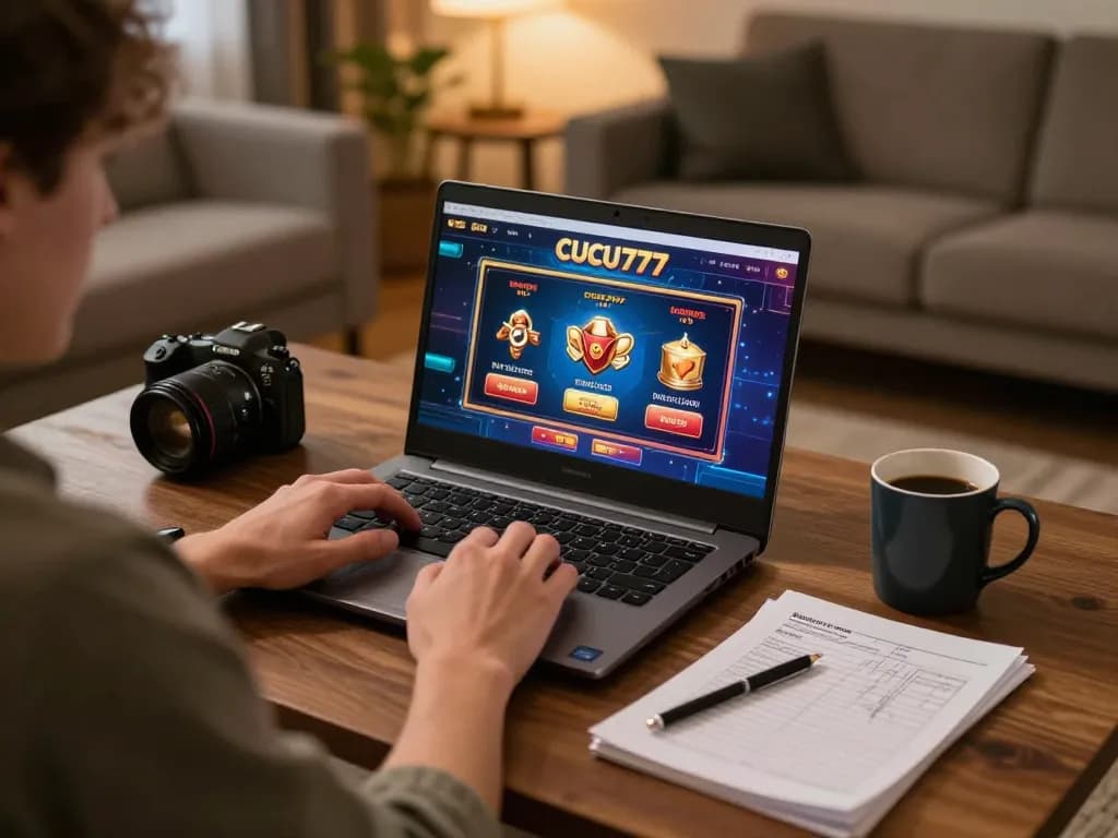 Player enjoying CUCU777 online gaming session at home, showcasing vibrant graphics and strategy notes