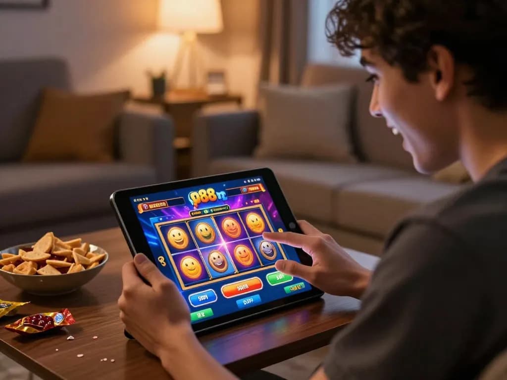 Engaging player enjoying slot88 gacor game on a tablet in a cozy home setting.