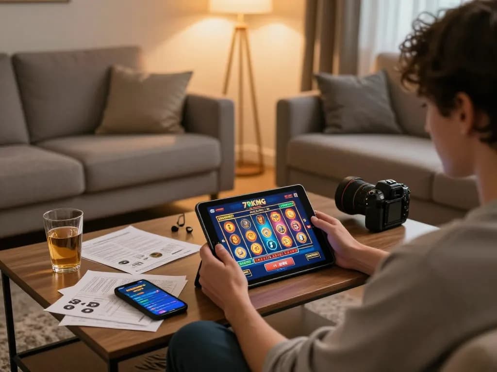 Engaging gamer enjoys 79KING online slots on a tablet, showcasing a cozy home setup.