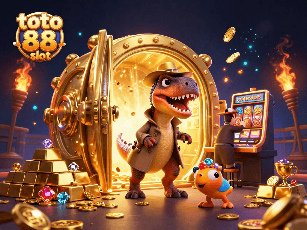 Toto 88 slot characters and elements in a lively scene with a velociraptor at a slot machine