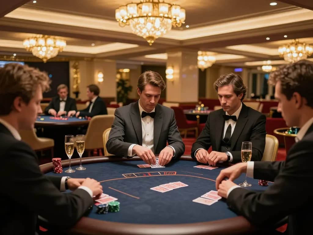 Players engaged in intense poker game at vipwin's exclusive VIP table, showcasing elegance and strategy.