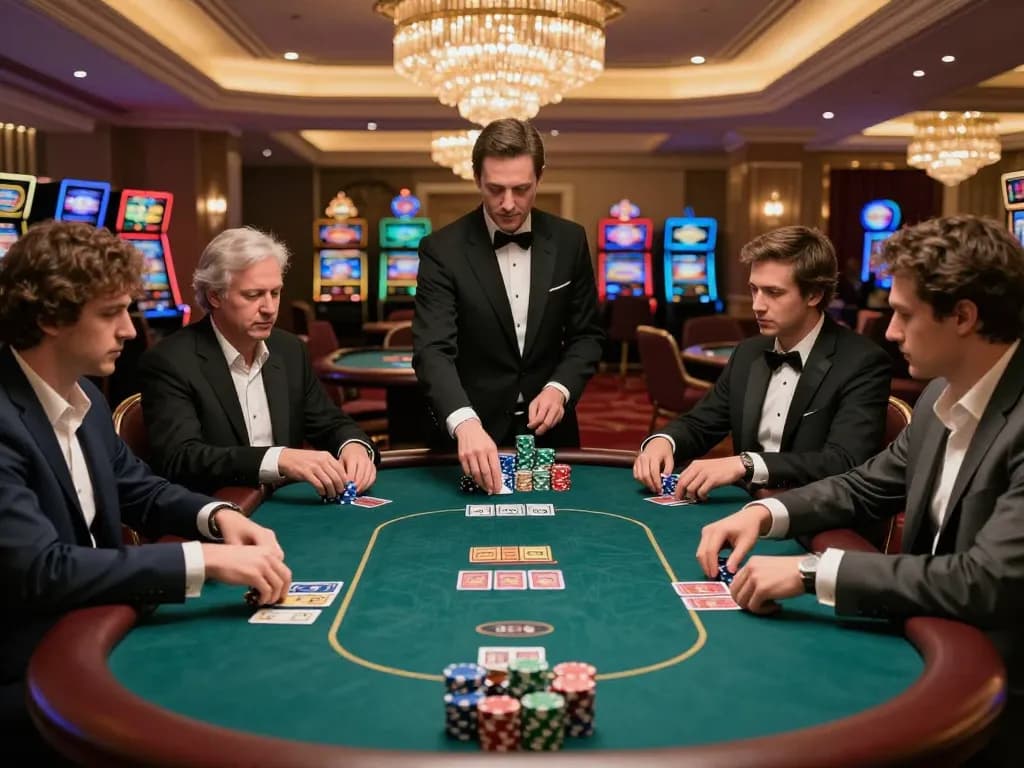 Nego77 players strategically placing bets during an intense poker game in a luxurious casino setting