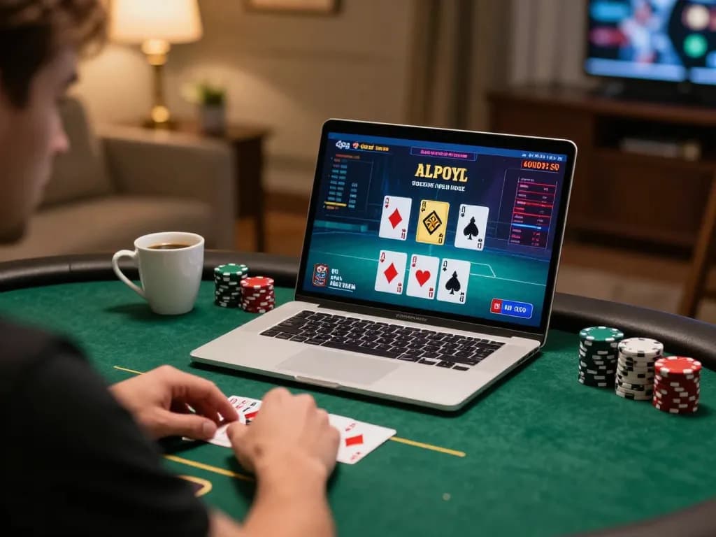 Player placing a bet while viewing tt88 poker game on laptop in cozy home environment