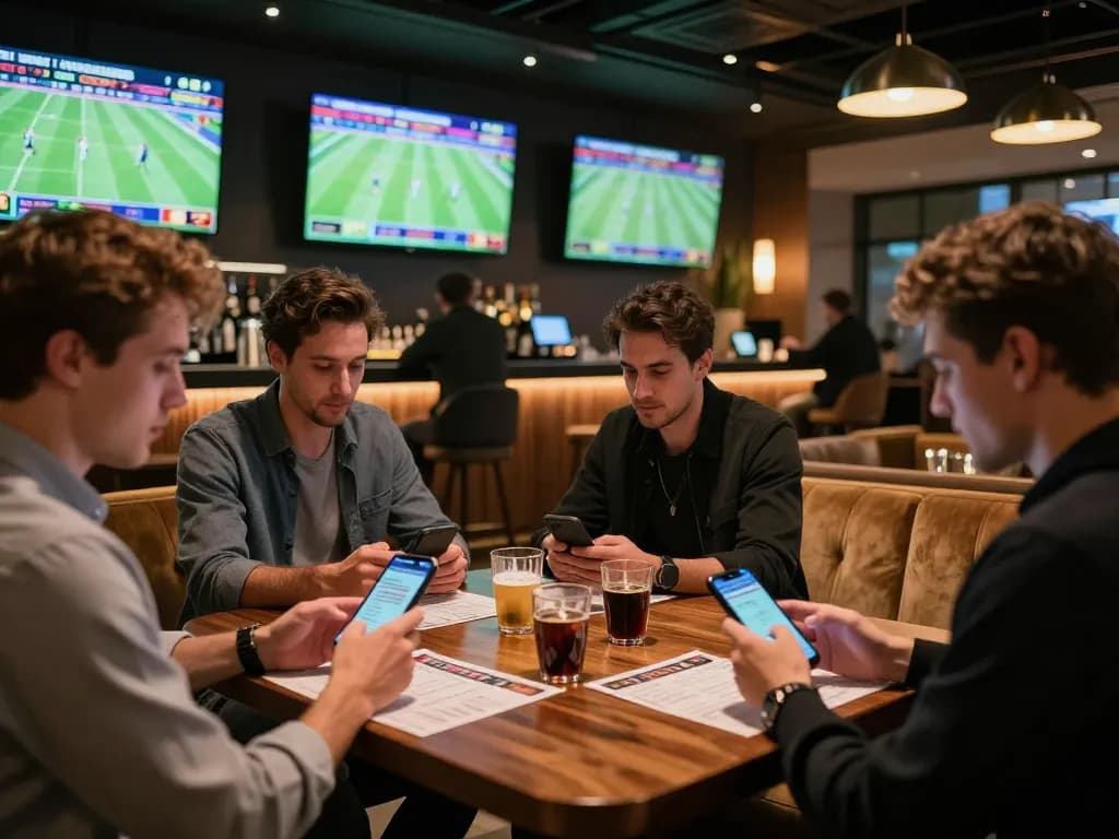 Soi kèo bóng đá excitement with bettors engaged in live sports betting, evaluating odds at an upscale lounge.