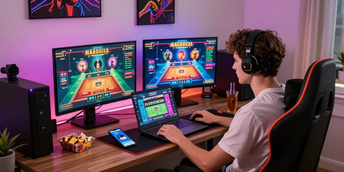 Engaging scene of a player enjoying games at mastercard casinos on multiple screens in a vibrant home setup.