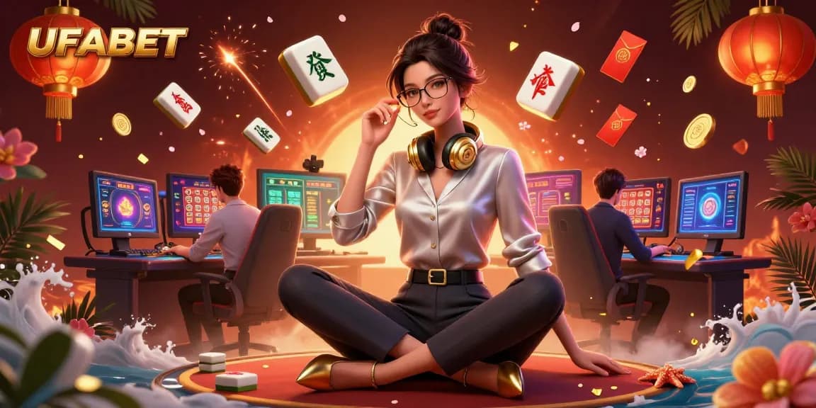 Experience thrilling gaming at UFABET with this vibrant 3D illustration showcasing an elegant Asian woman engaged in casino fun.