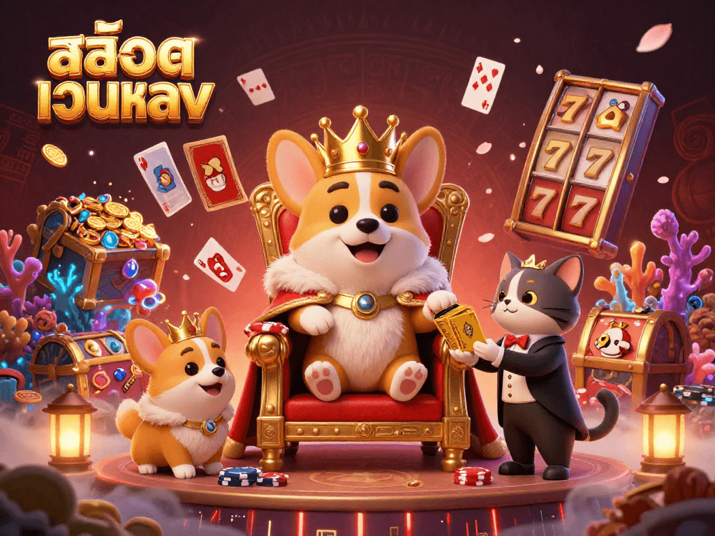 Spin to win big with สล็อตเว็บตรง surrounded by vibrant corgi royalty and dazzling game elements.