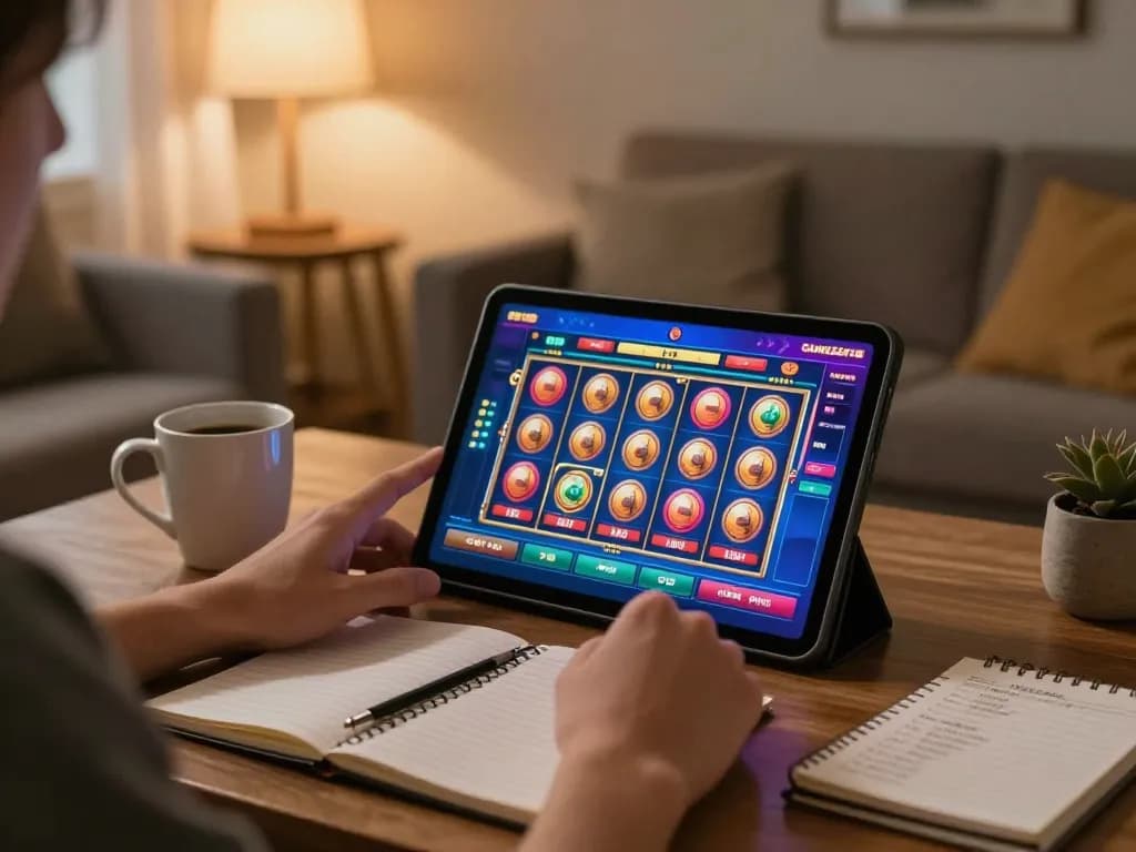 Engaging gameplay at non gamstop casinos from a cozy home setting, showcasing vibrant slot game on tablet.