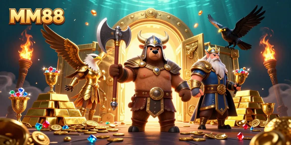 Engage with MM88's thrilling gaming experience featuring vibrant Viking characters and treasure.