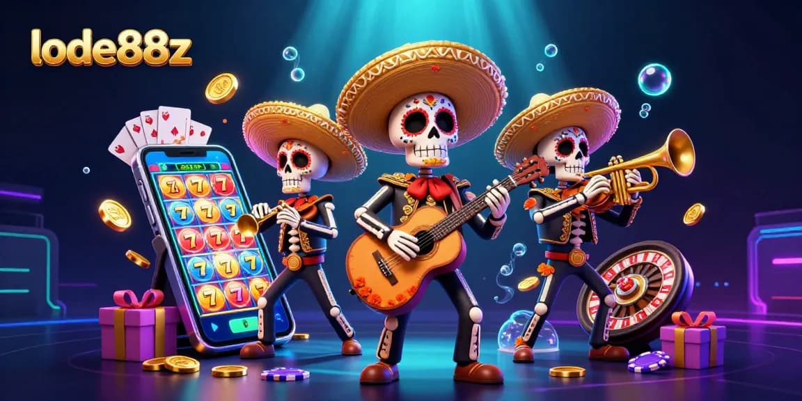 Experience thrilling wins with lode88z in a vibrant casino scene featuring cartoon mariachi characters.