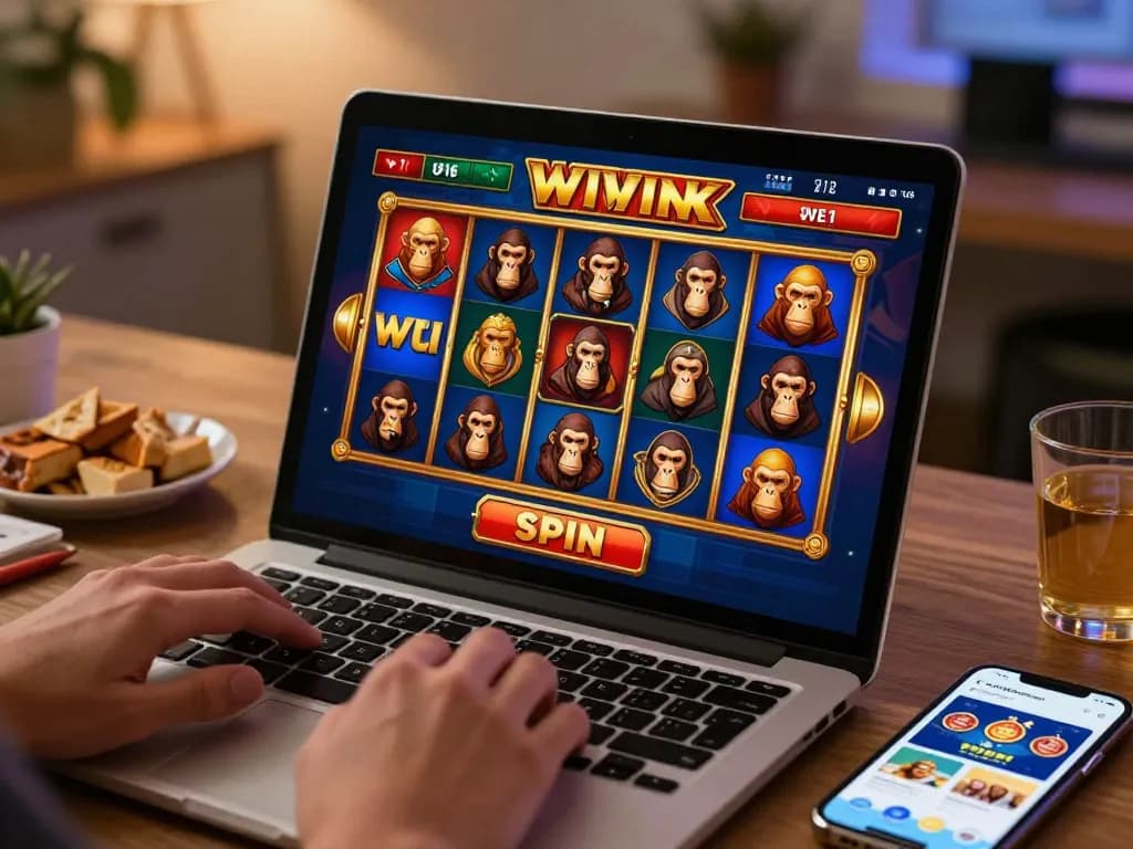 Situs slot gacor action showing player engaged in online wild ape slot game at home for maximum excitement.