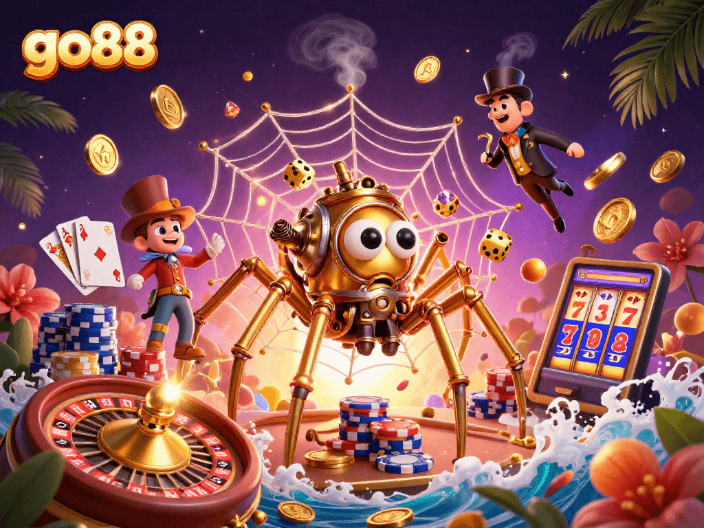 Experience excitement at go88 with a whimsical steampunk spider and a vibrant casino scene.
